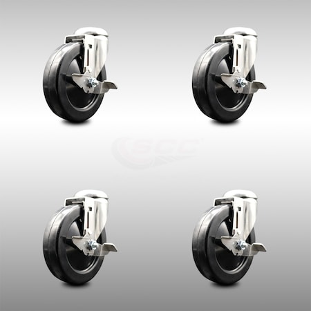 Service Caster 5 Inch 316SS Soft Rubber Wheel Swivel Bolt Hole Caster Set with Brake SCC SCC-SS316BH20S514-SRS-TLB-4